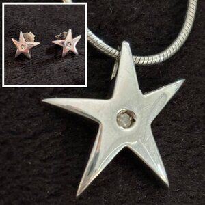 Sterling Silver and Diamond - Star Pendant Necklace and Stud Earrings
